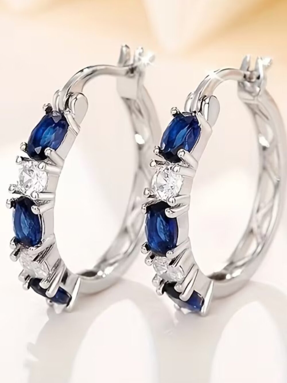 Blue & White Synthetic Sapphire Hoop Earrings Nickel Free Plating December Birth